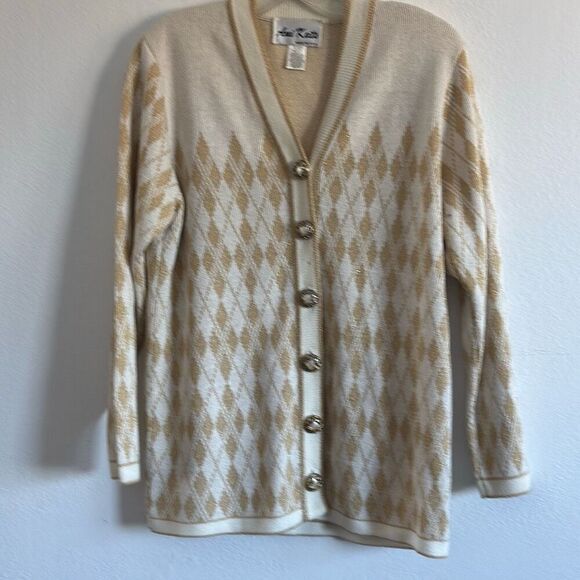 Ami Knits Womens Diamond Pattern Cardigan Sweater Off White Gold Size 10 Vintage - Picture 1 of 5